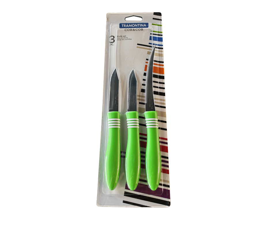 Tramontina Cor & Cor 3-Piece Knife Set – 5" Tomato Knife & 3" Paring Knives | Stainless Steel Blades | Ergonomic Handles