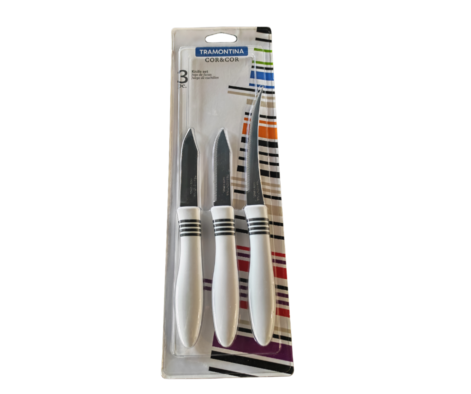 Tramontina Cor & Cor 3-Piece Knife Set – 5" Tomato Knife & 3" Paring Knives | Stainless Steel Blades | Ergonomic Handles