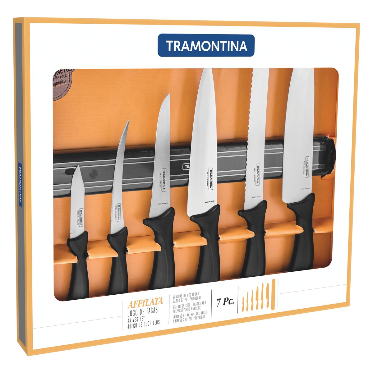 Tramontina Affilata 7 Pieces Magnetic Rack and Knife Set with Stainless Steel Blade and Black Polypropylene Handle