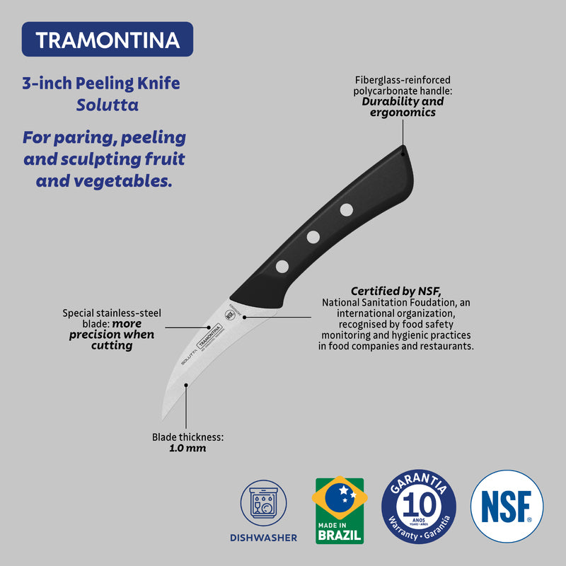 Tramontina Solutta Peeling Knife with Stainless-Steel Blade and Black Polycarbonate y fibra de vidrio Handle 3"