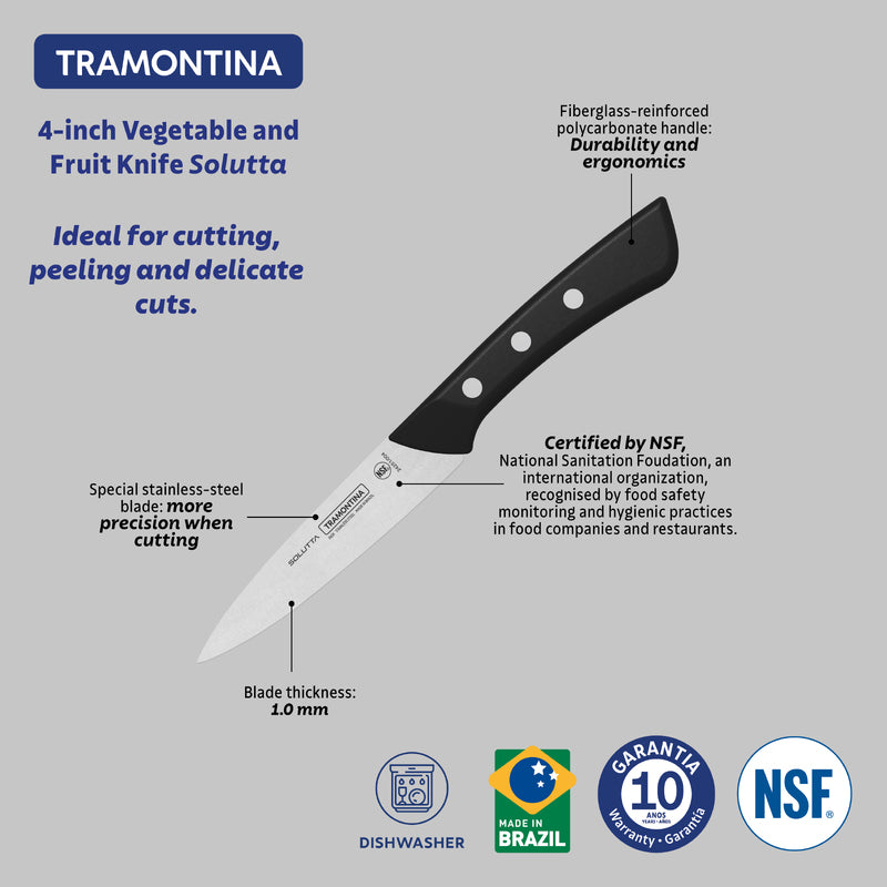 Tramontina Solutta vegetable and fruit knife with Stainless-Steel Blade and Black Polycarbonate Handle 4"