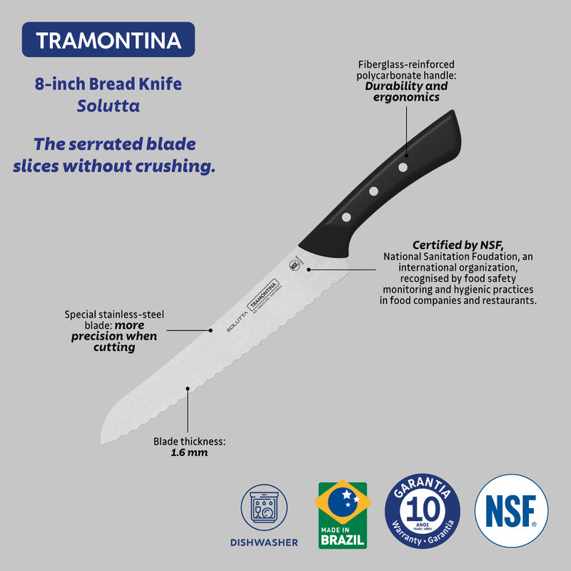 Tramontina Solutta Bread Knife with Stainless-Steel Blade and Black Polycarbonate Handle 8"