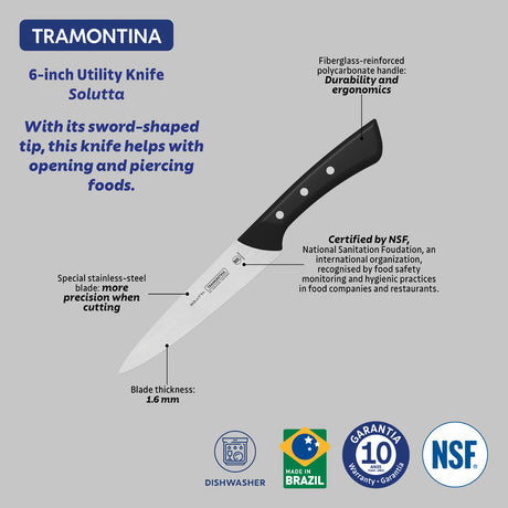 Tramontina Solutta Utility Knife with Stainless-Steel Blade and Black Polycarbonate Handle 6"