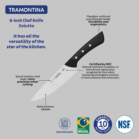 Tramontina Solutta Chef"s Knife with Stainless-Steel Blade and Black Polycarbonate Handle 6"