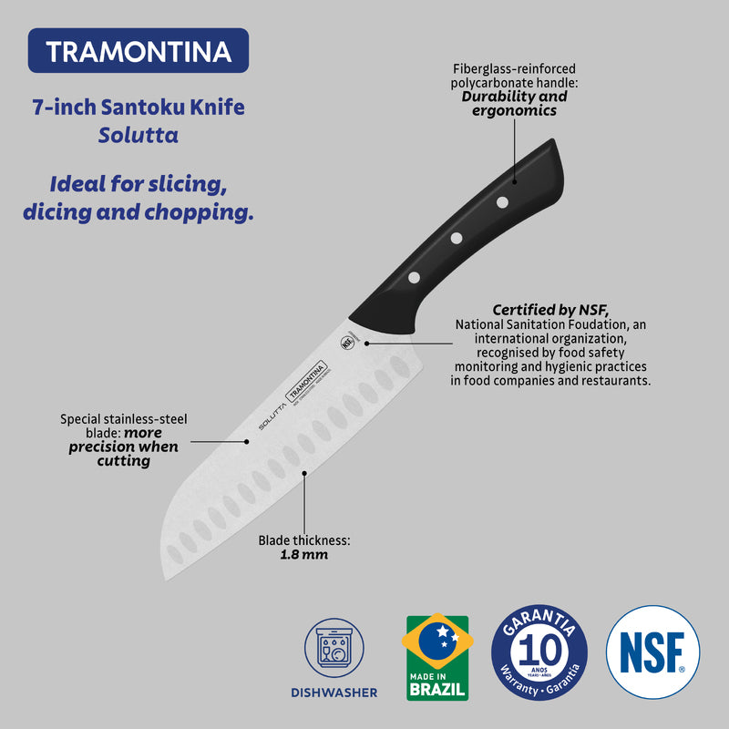 Tramontina Solutta Santoku Knife with Stainless-Steel Blade and Black Polycarbonate Handle 7"