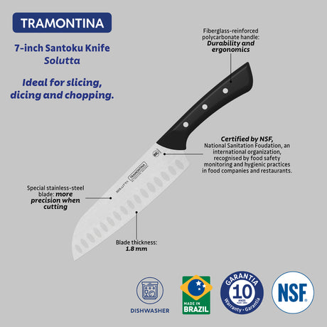 Tramontina Solutta Santoku Knife with Stainless-Steel Blade and Black Polycarbonate Handle 7"