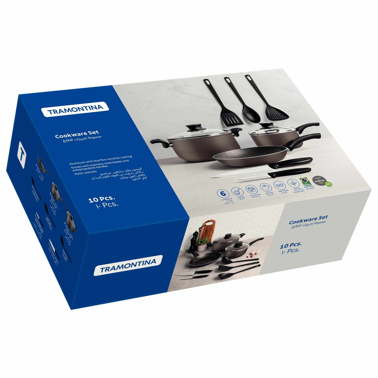 Tramontina Paris 10 Pieces Lead-Colored Aluminum Cookware Set with Interior and Exterior Starflon Max PFOA Free Nonstick Coating
