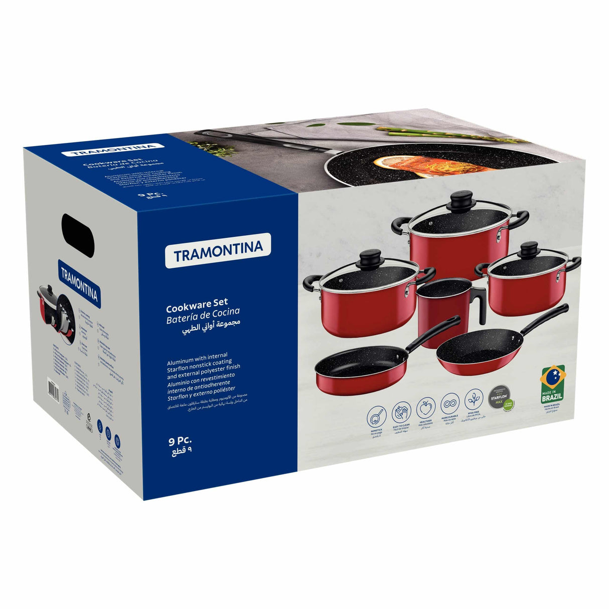 Tramontina 9 Pieces Red Aluminum Cookware Set with Interior and Exterior Starflon Max Nonstick Coating