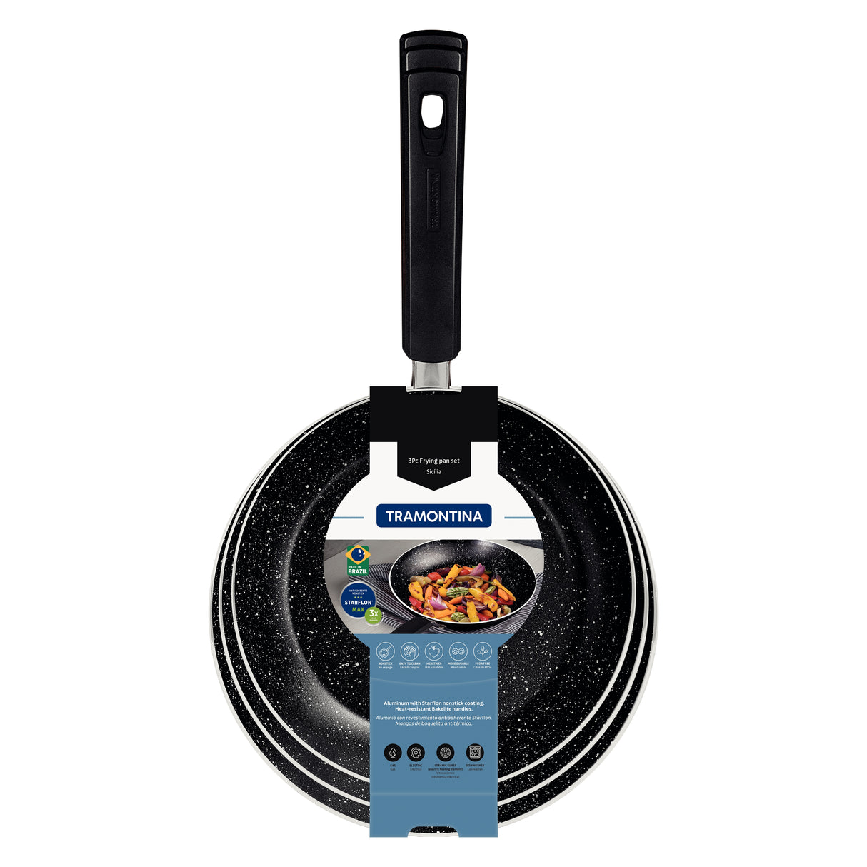 Tramontina Black Aluminum Frying Pan Set with Interior and Exterior Starflon Max Nonstick Coating 3 pieces