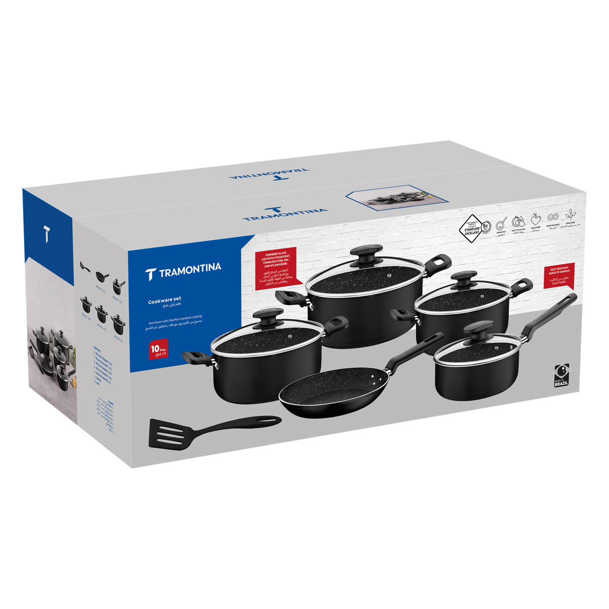 Tramontina 10-Piece Black Aluminum Cookware Set with Starflon Excellent Nonstick Coating