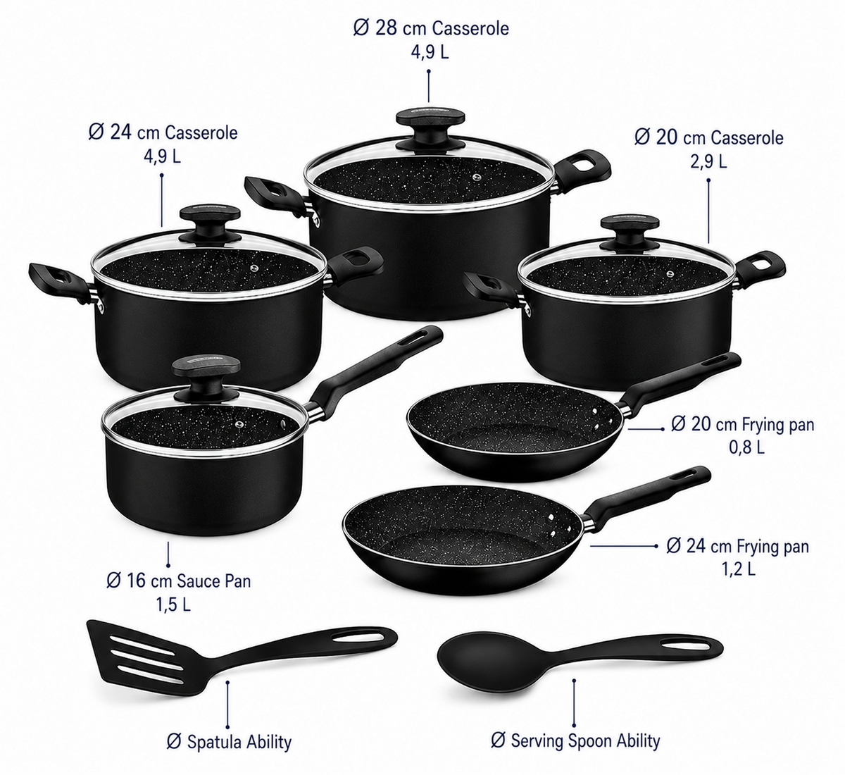 Tramontina Black Aluminum Cookware Set with Interior and Exterior Starflon Excellent Nonstick Coating 12 pieces