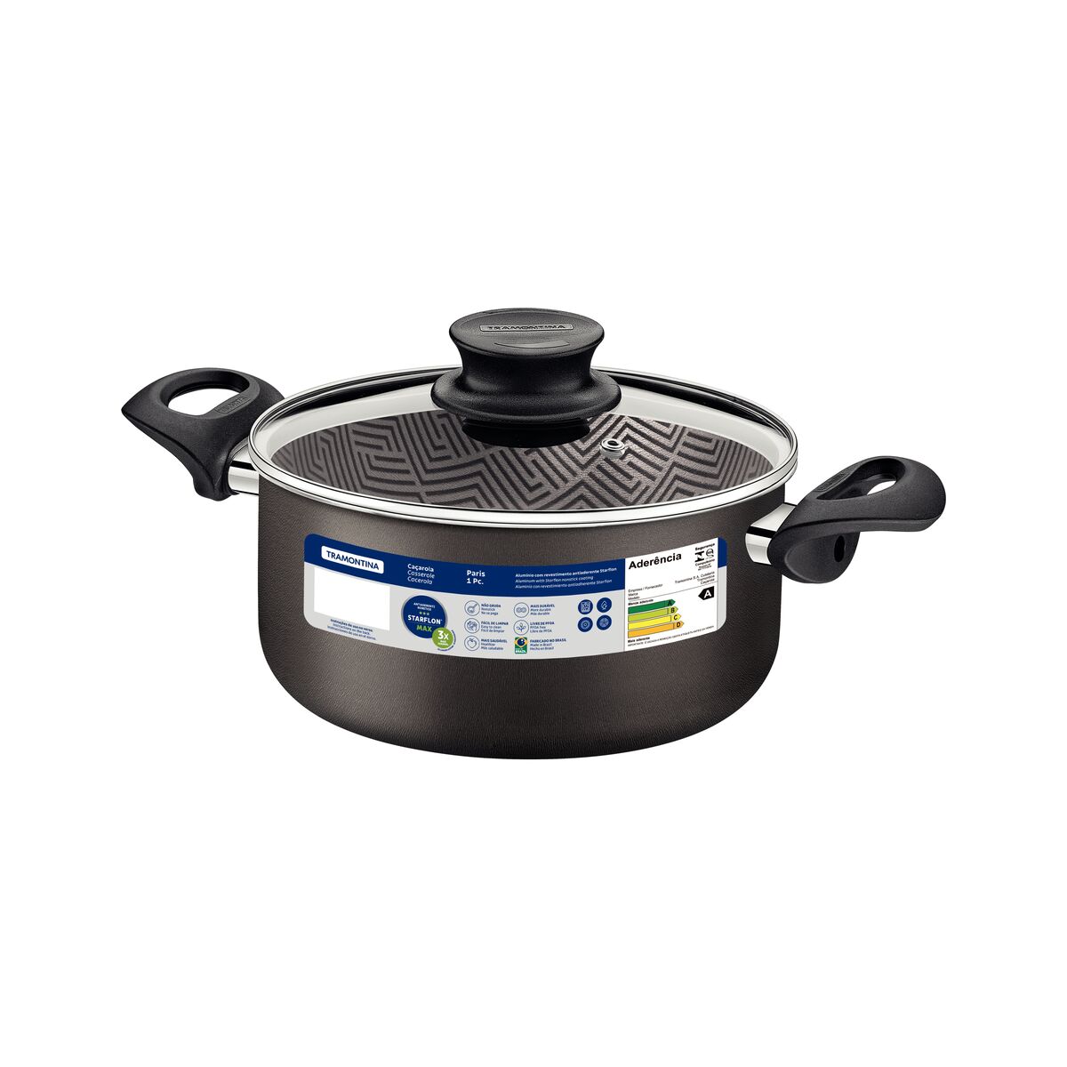 Tramontina Paris Aluminum Casserole with Interior and Exterior Starflon Max Lead Nonstick Coating with a Glass Lid, 20 cm 2,9 L