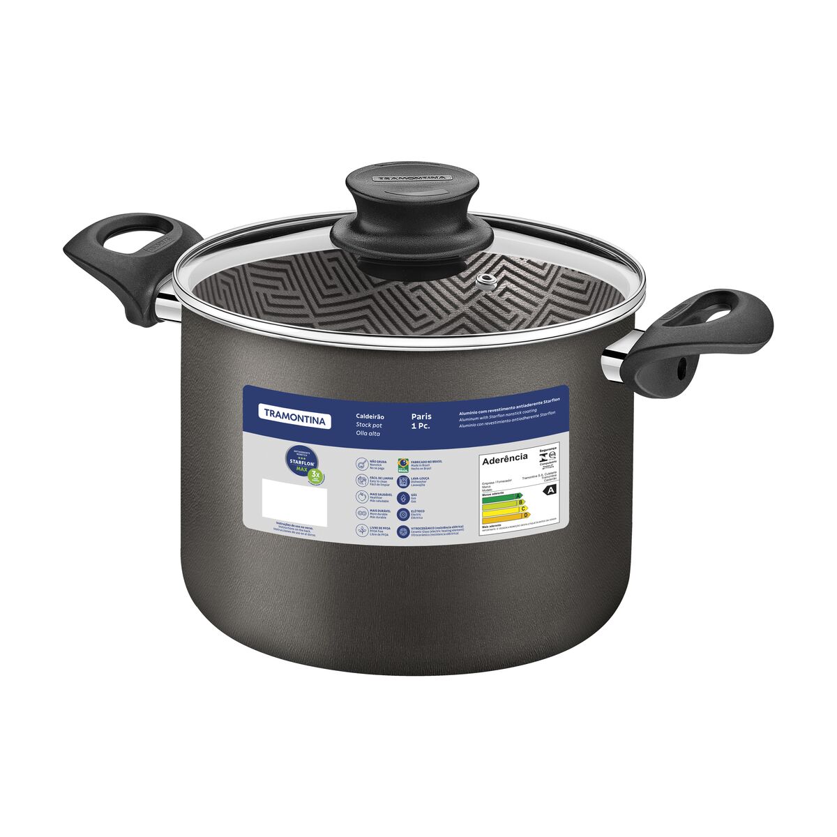 Tramontina Paris Aluminum Stock Pot with Interior and Exterior Starflon Max Lead Nonstick Coating with a Glass Lid, 24 cm 7,1 L