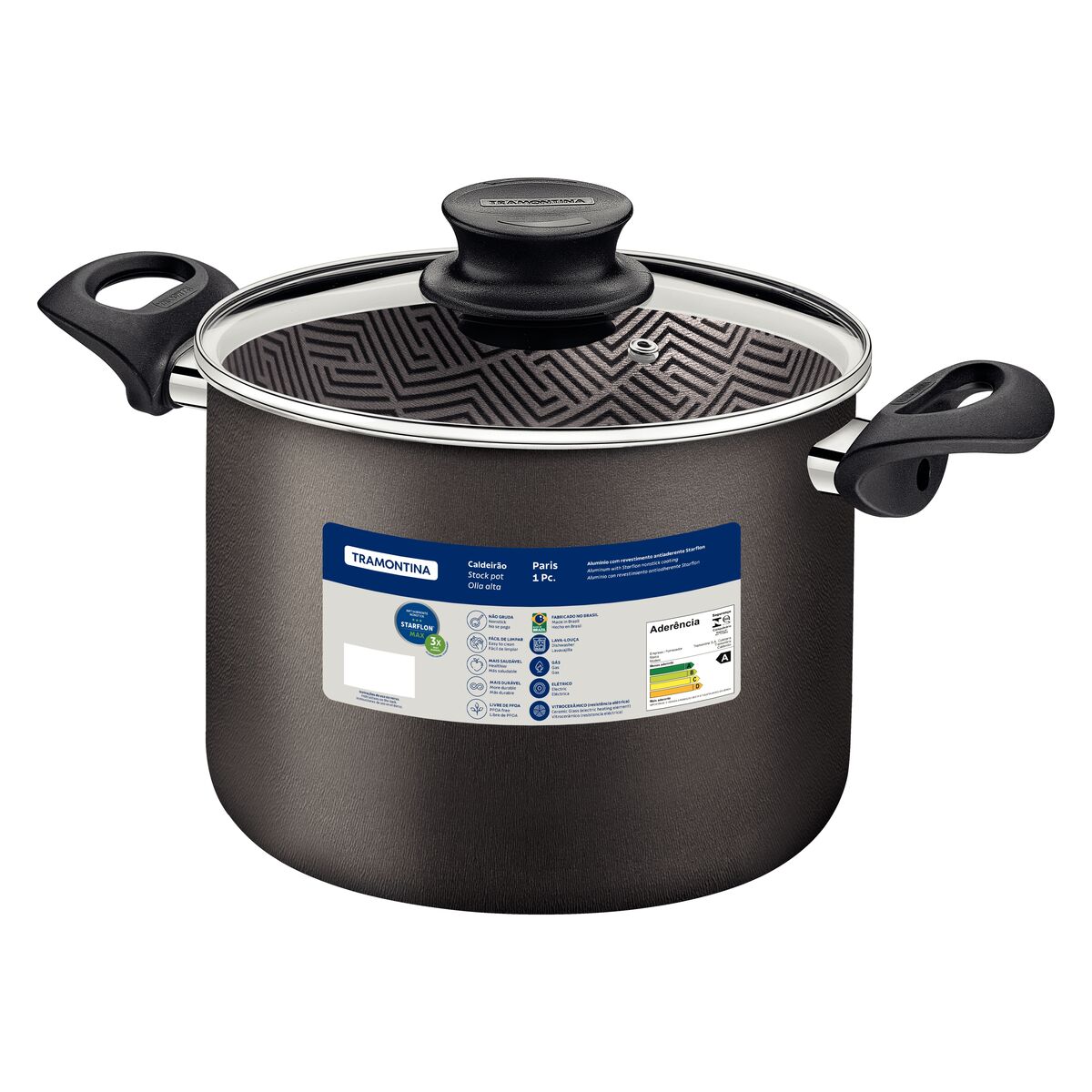 Tramontina Paris Aluminum Stock Pot with Interior and Exterior Starflon Max Lead Nonstick Coating with a Glass Lid, 28 cm 11,8 L