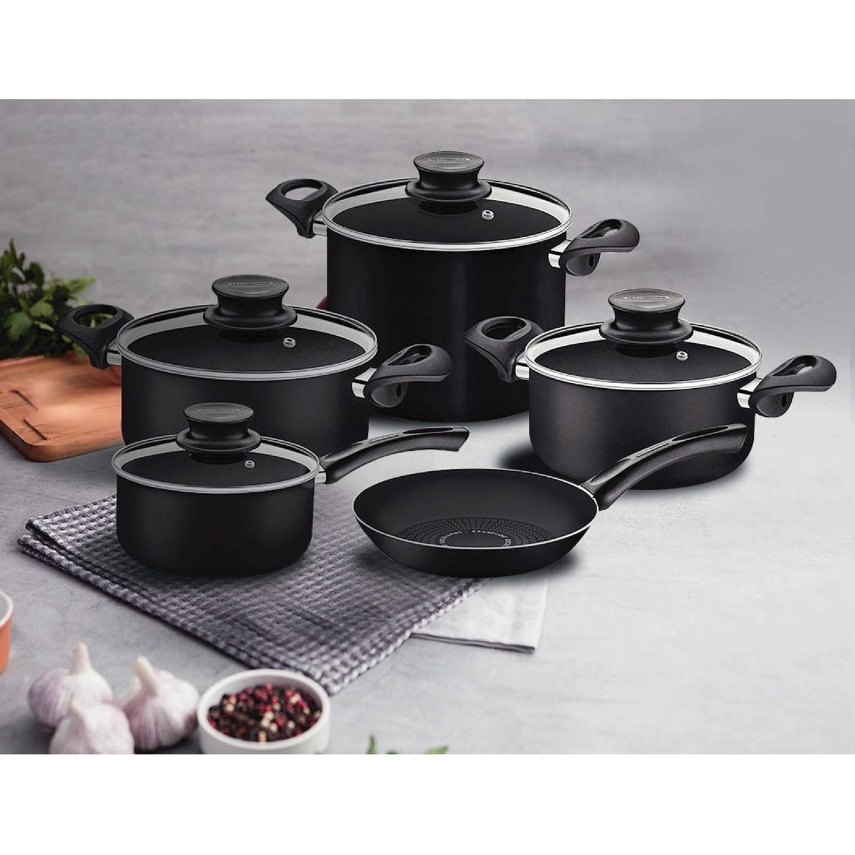 Tramontina Paris+ 9 Pieces Black Aluminum Cookware Set with Interior and Exterior Starflon Excellent PFOA Free Nonstick Coating