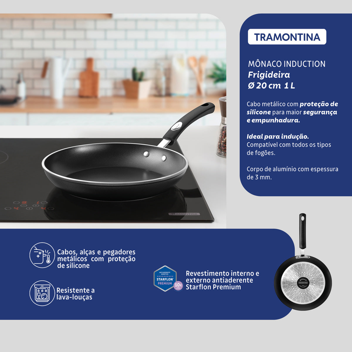 Tramontina Mônaco Induction Aluminum Frying Pan with Black Interior and Exterior Starflon Premium Nonstick Coating, 20 cm, 1 L