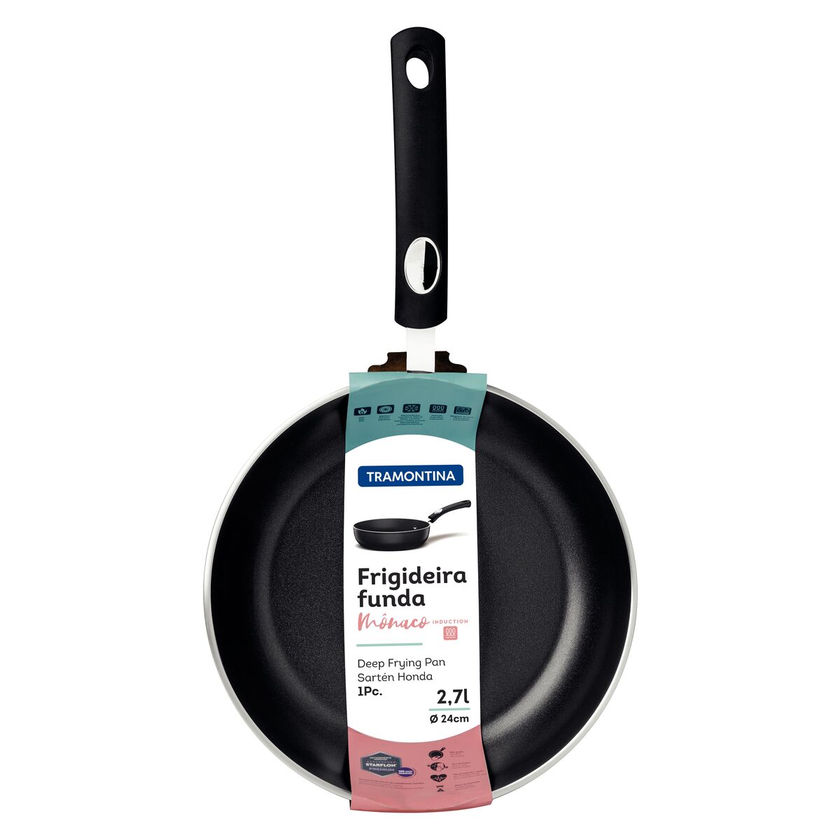 Tramontina Mônaco Induction Aluminum Deep Frying Pan with Black Interior and Exterior Starflon Premium Nonstick Coating, 24 cm, 2.7 L