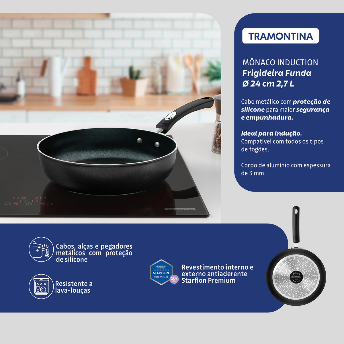 Tramontina Mônaco Induction Aluminum Deep Frying Pan with Black Interior and Exterior Starflon Premium Nonstick Coating, 24 cm, 2.7 L