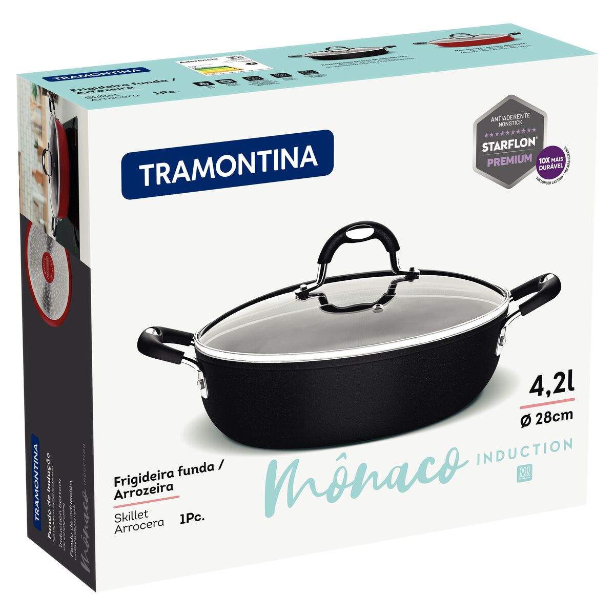 Tramontina Mônaco Induction Aluminum Skillet with Lid with Black Interior and Exterior Starflon Premium Nonstick Coating and Lid, 28 cm, 4.2 L