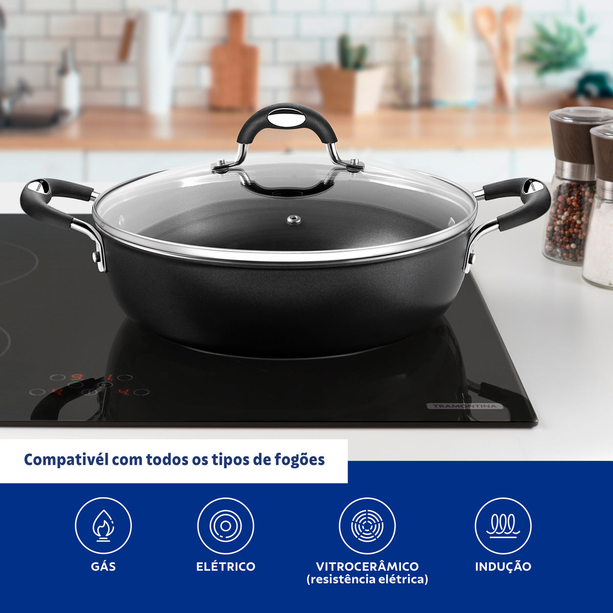 Tramontina Mônaco Induction Aluminum Skillet with Lid with Black Interior and Exterior Starflon Premium Nonstick Coating and Lid, 28 cm, 4.2 L