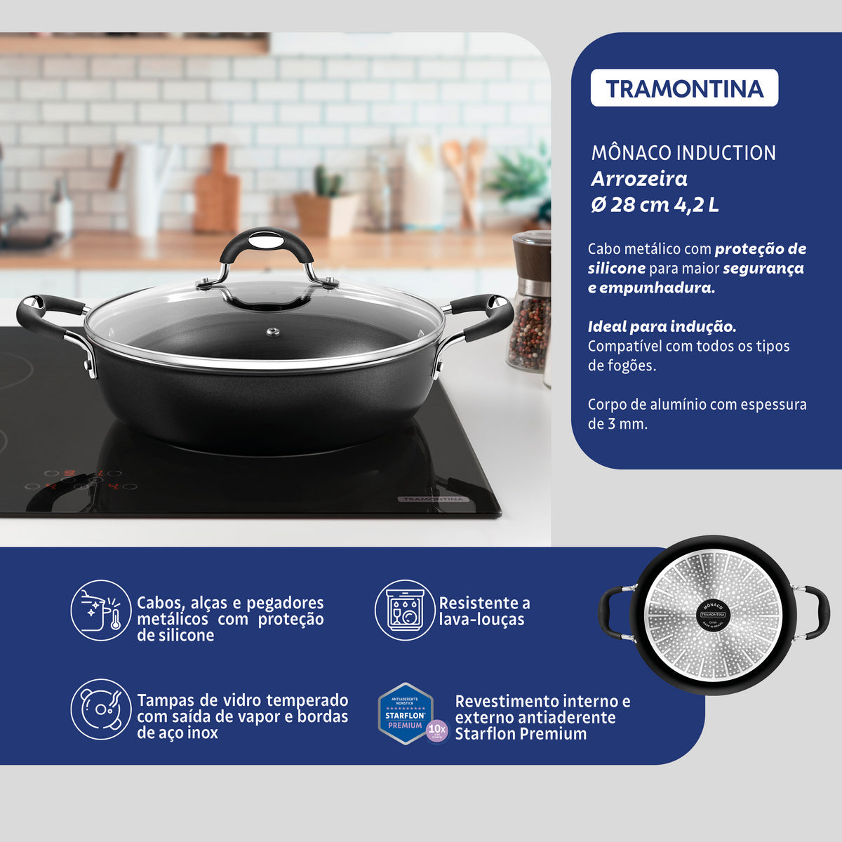 Tramontina Mônaco Induction Aluminum Skillet with Lid with Black Interior and Exterior Starflon Premium Nonstick Coating and Lid, 28 cm, 4.2 L