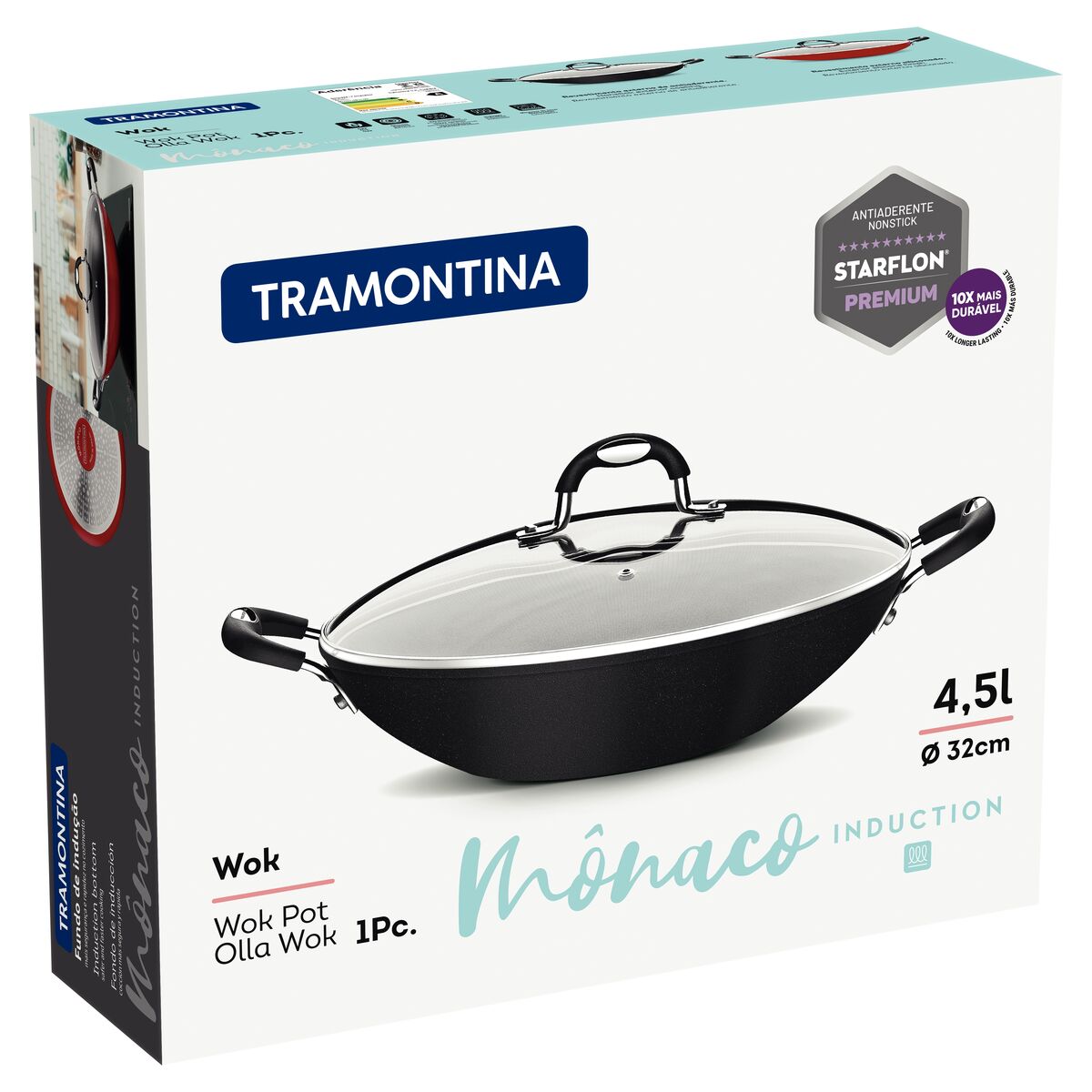 Tramontina Mônaco Induction Aluminum Wok with Black Interior and Exterior Starflon Premium Nonstick Coating and Glass Lid, 32 cm, 4.5 L