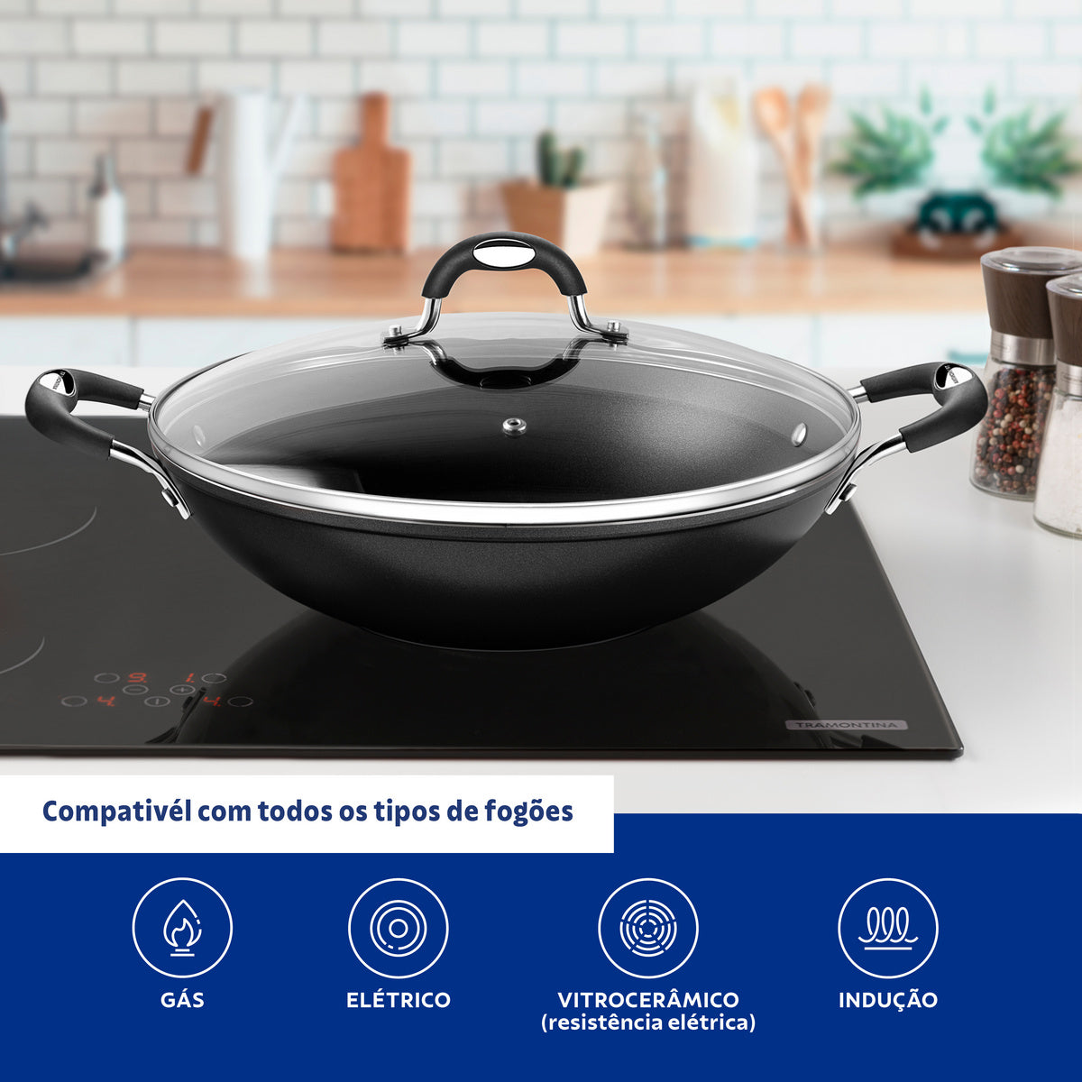 Tramontina Mônaco Induction Aluminum Wok with Black Interior and Exterior Starflon Premium Nonstick Coating and Glass Lid, 32 cm, 4.5 L