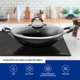 Tramontina Mônaco Induction Aluminum Wok with Black Interior and Exterior Starflon Premium Nonstick Coating and Glass Lid, 32 cm, 4.5 L
