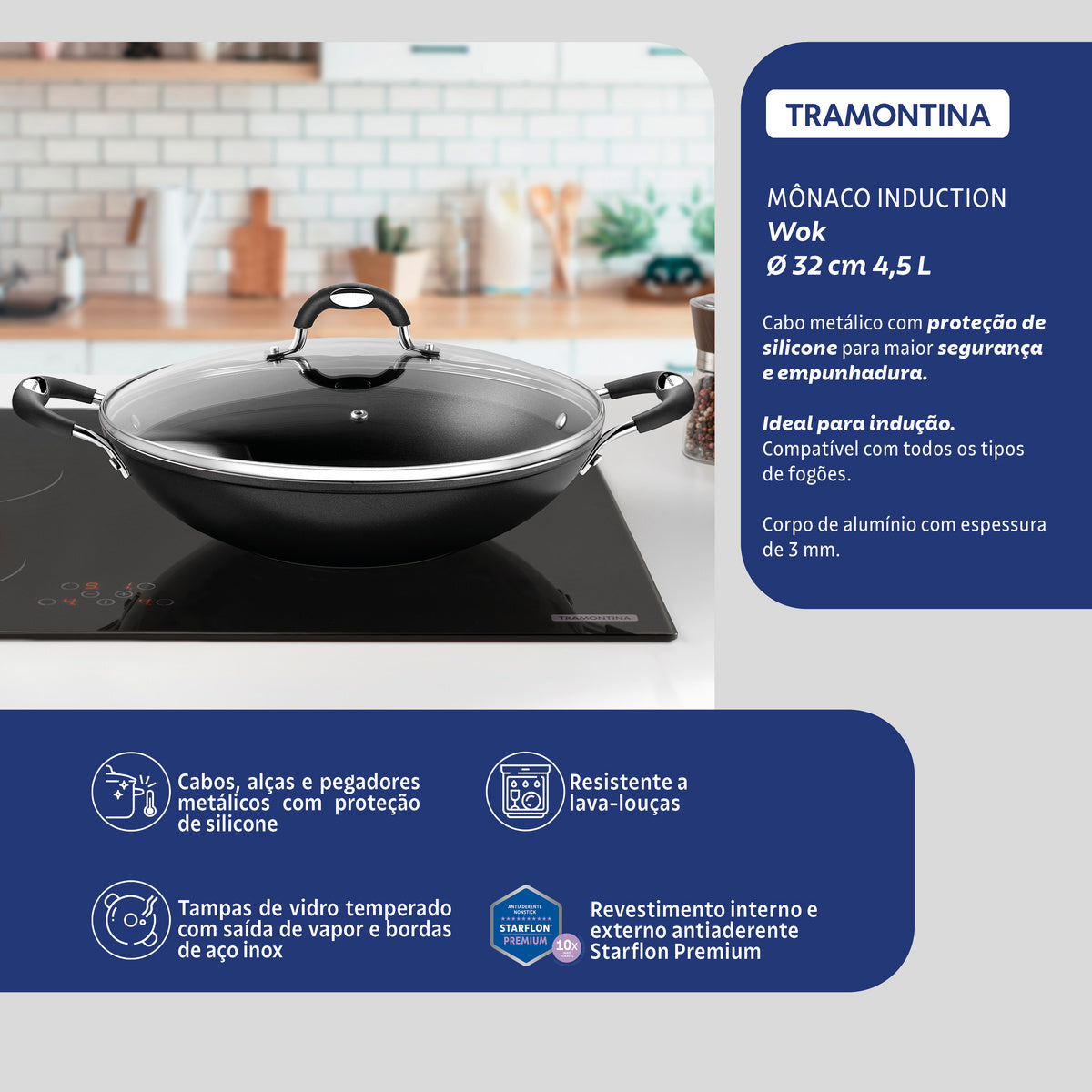 Tramontina Mônaco Induction Aluminum Wok with Black Interior and Exterior Starflon Premium Nonstick Coating and Glass Lid, 32 cm, 4.5 L