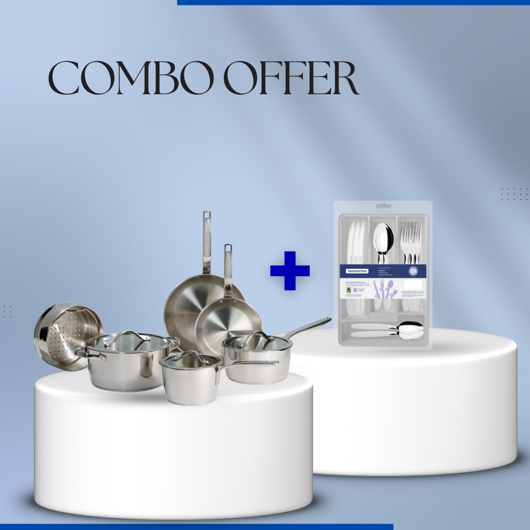 Tramontina Combo SS 9pcs Cookware Set with 25-Piece Ipanema Flatware Set
