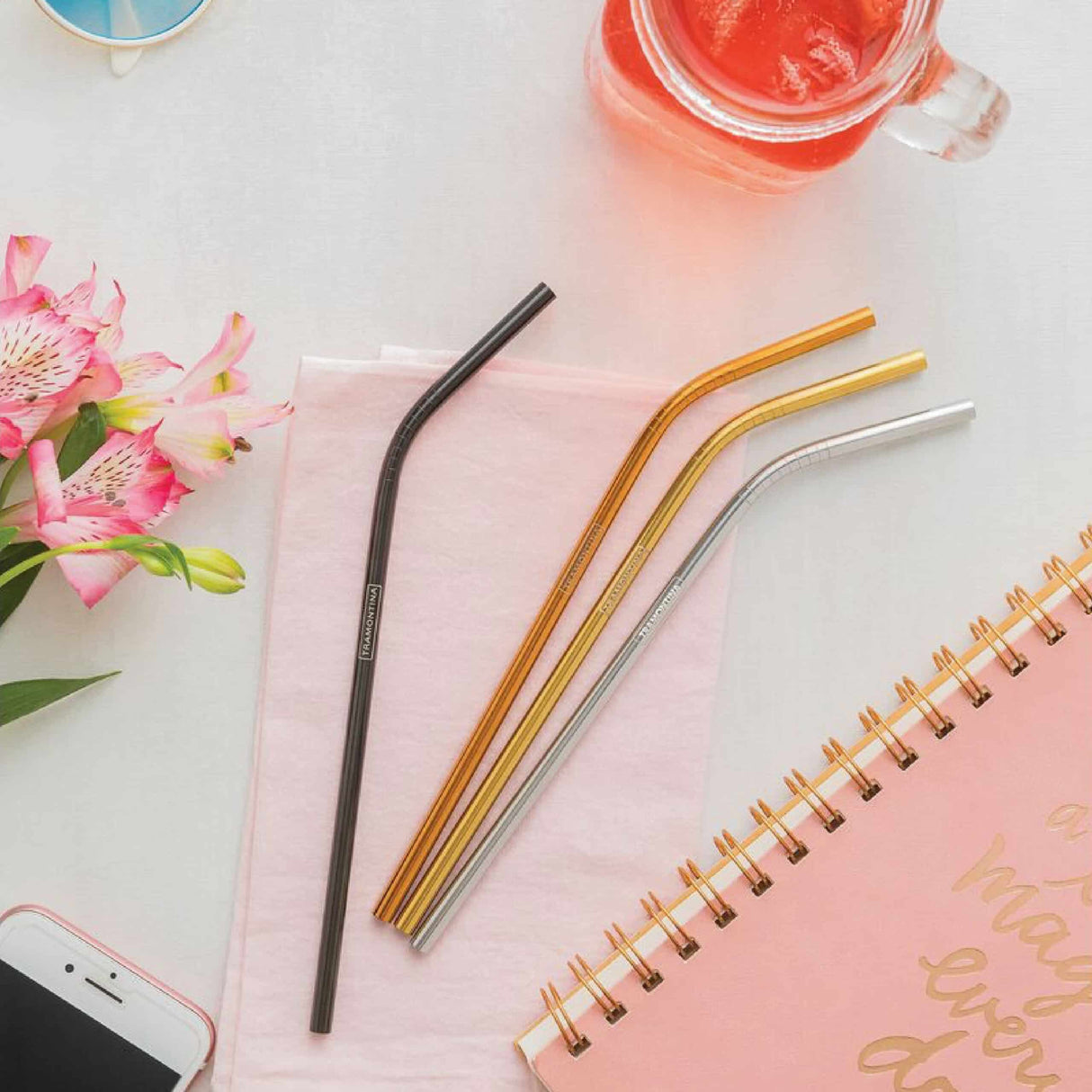 Tramontina stainless steel colorful drinking straw set with cleaning brush, 5 pc set
