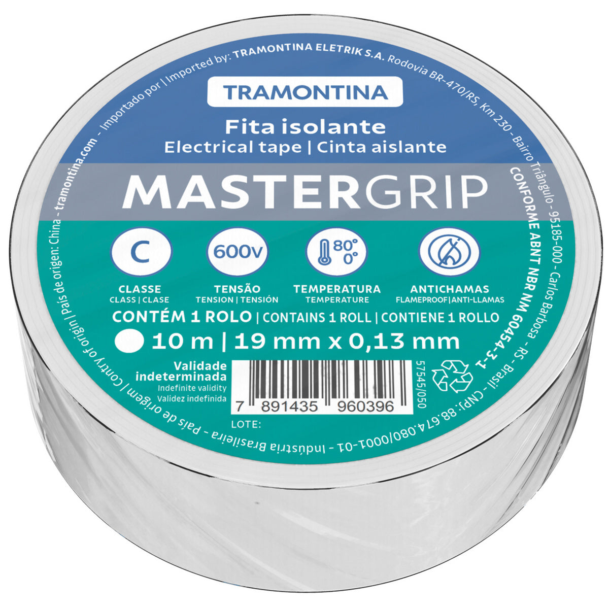 Tramontina white electrical tape class C, 0.13x19 mm, 10 m