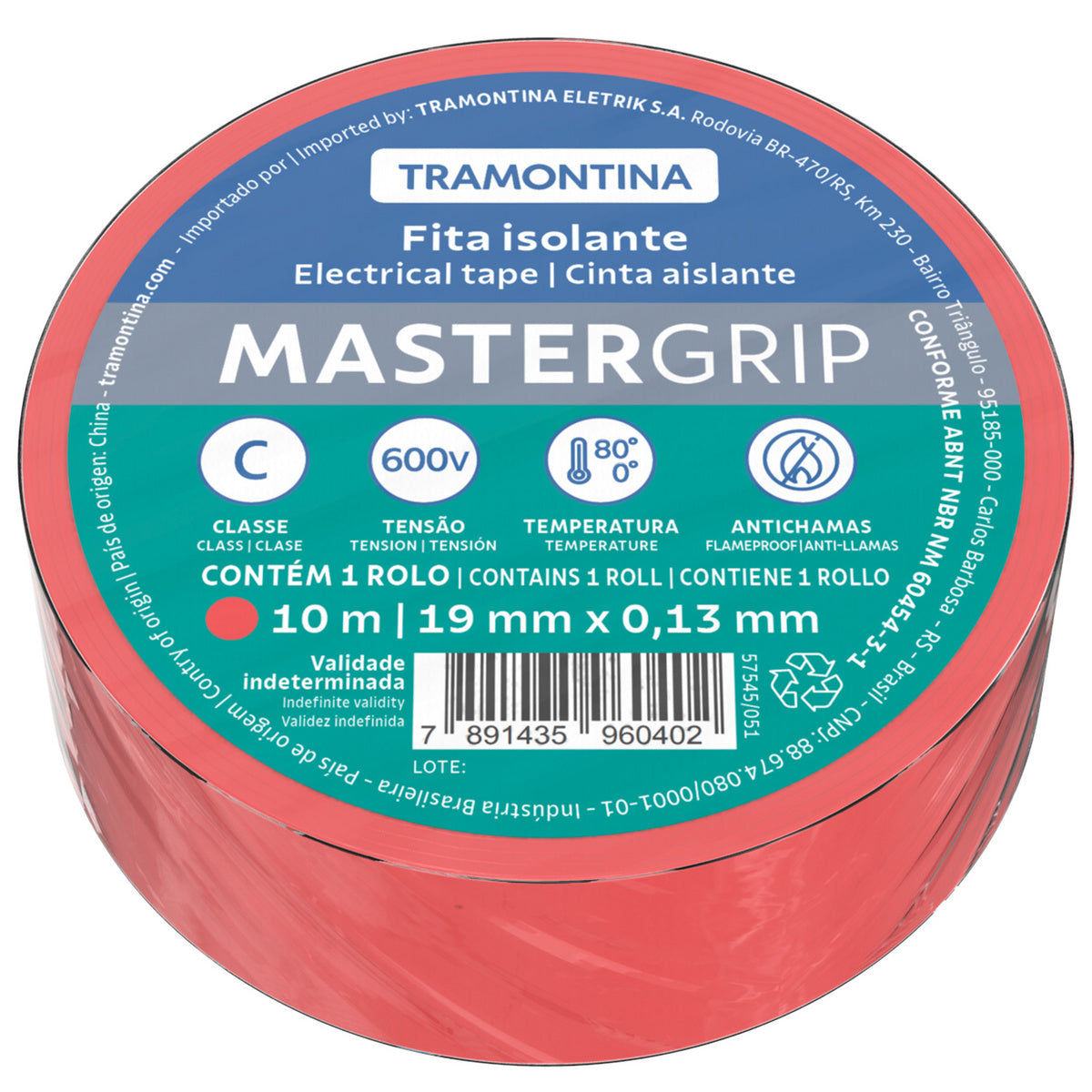 Tramontina red electrical tape class C, 0.13x19 mm, 10 m