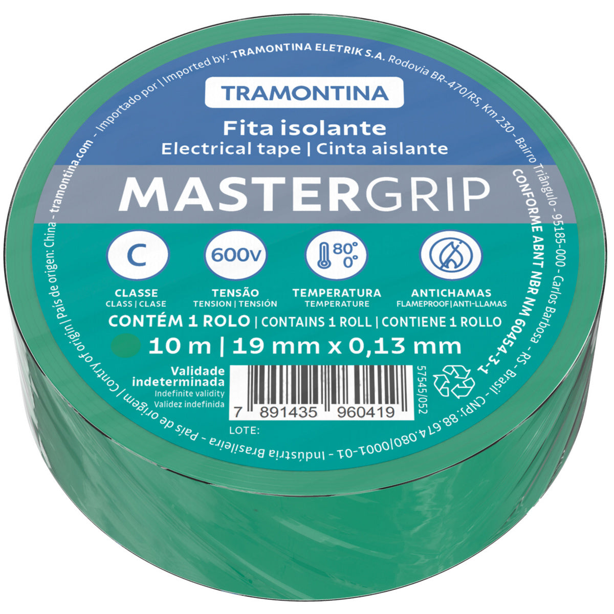 Tramontina green electrical tape class C, 0.13x19 mm, 10 m