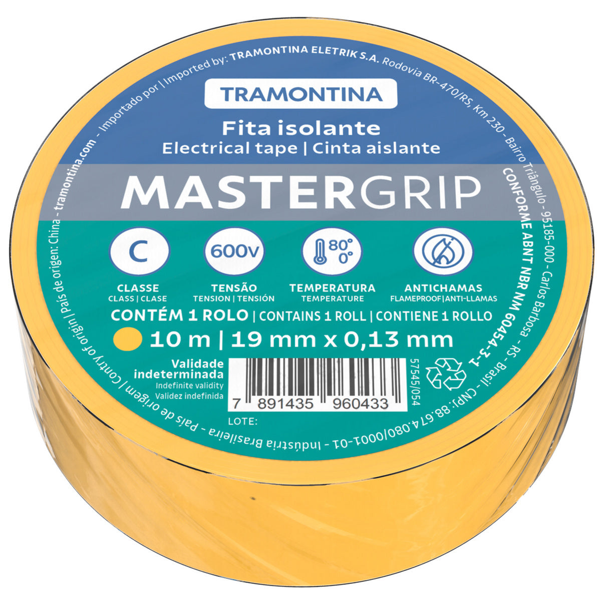 Tramontina yellow electrical tape class C, 0.13x19 mm, 10 m