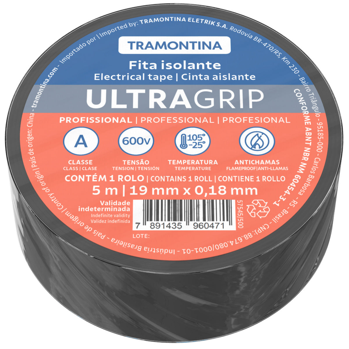 Tramontina 0.18x19mm 5m Black Flame Retardant Electrical Tape Class A