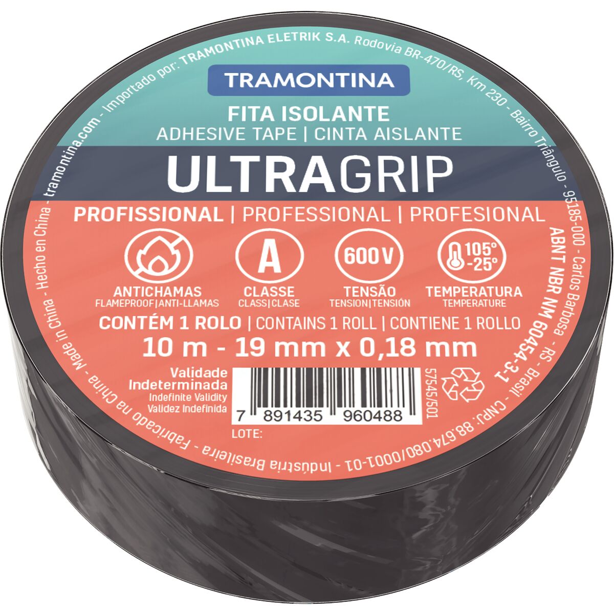 Tramontina 0.18x19mm 10m Black Flame Retardant Electrical Tape 1Class A