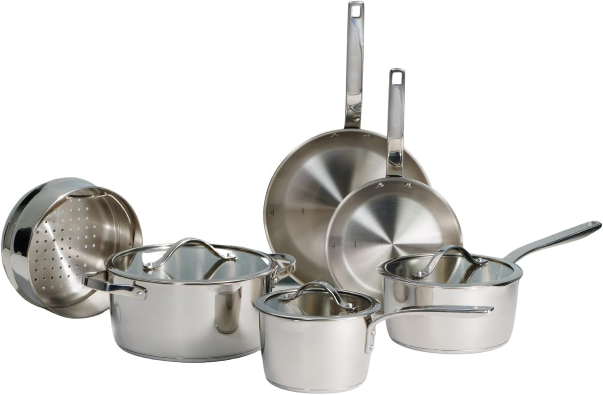 Tramontina Since 1911, 9-Piece Tempo Tri-Ply Base Stainless Steel Cookware Set with Glass Lids, Pots and Pans Kitchen Set, Induction-Ready, Oven-Safe, Dishwasher-Safe