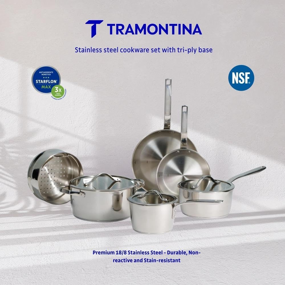 Tramontina Since 1911, 9-Piece Tempo Tri-Ply Base Stainless Steel Cookware Set with Glass Lids, Pots and Pans Kitchen Set, Induction-Ready, Oven-Safe, Dishwasher-Safe