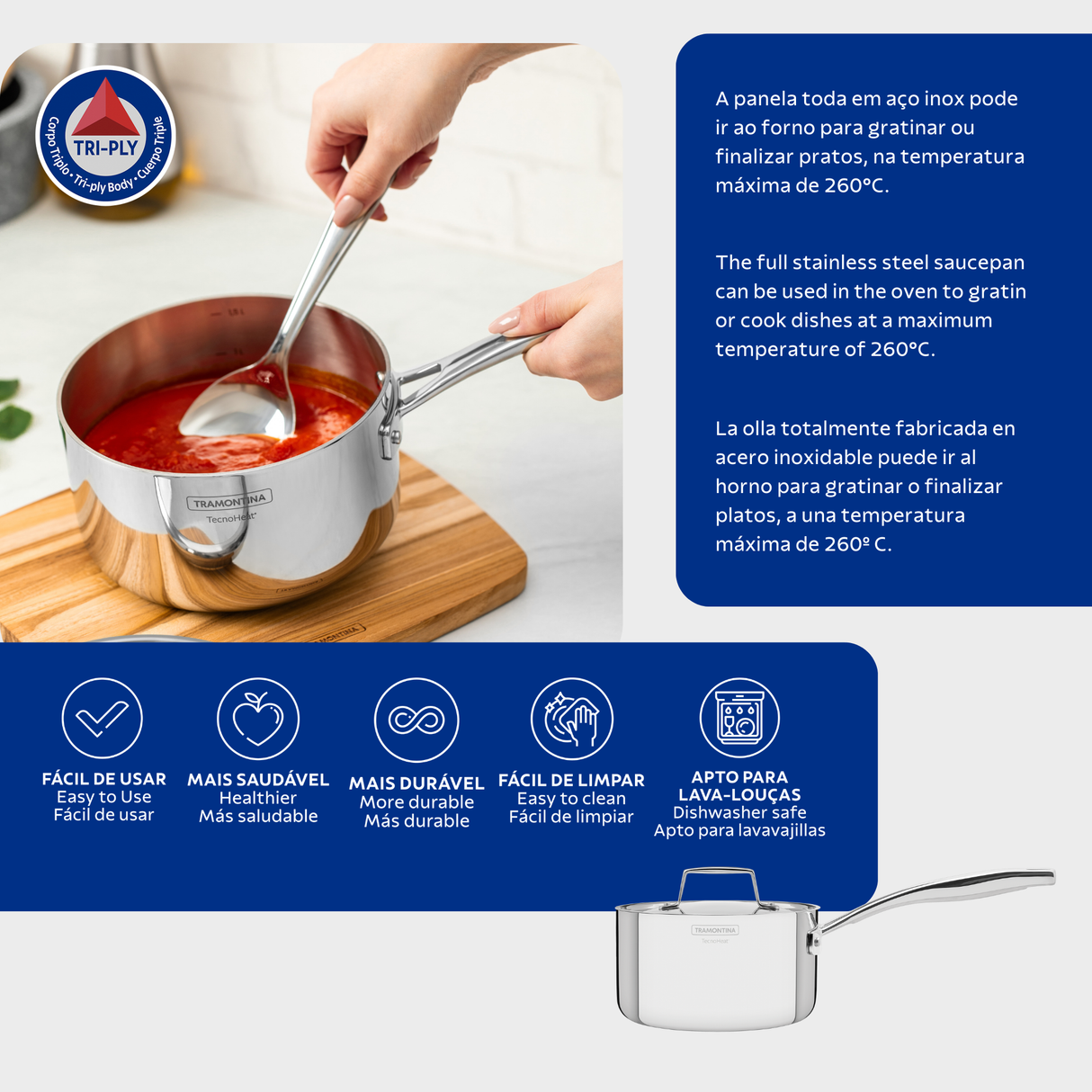 Tramontina Grano 20 cm 3,1 L stainless steel saucepan with tri-ply body, lid and long handle