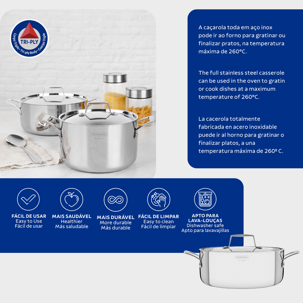 Tramontina Grano 24 cm 4.7 L stainless steel shallow casserole dish with tri-ply body, lid and handles