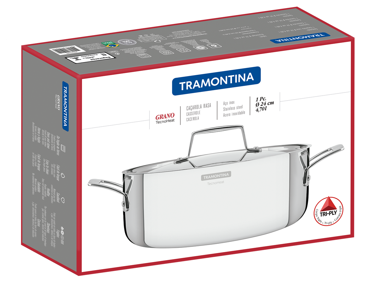 Tramontina Grano 24 cm 4.7 L stainless steel shallow casserole dish with tri-ply body, lid and handles