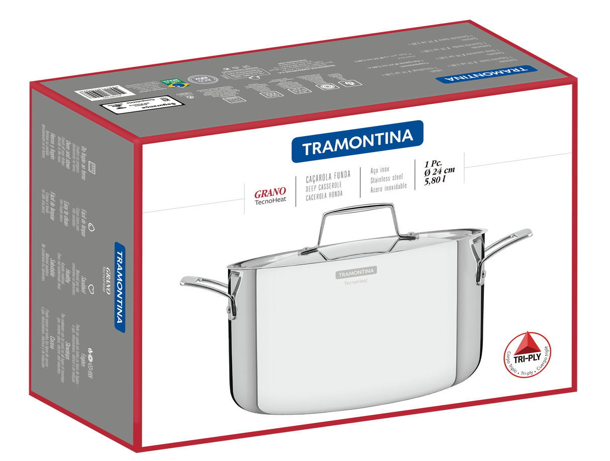 Tramontina Grano 24 cm 5,8 L stainless steel deep casserole dish with tri-ply body, lid and handles