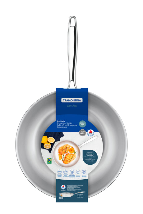 Tramontina Grano 26 cm 2.2 L shallow stainless steel frying pan with tri-ply body and long handle