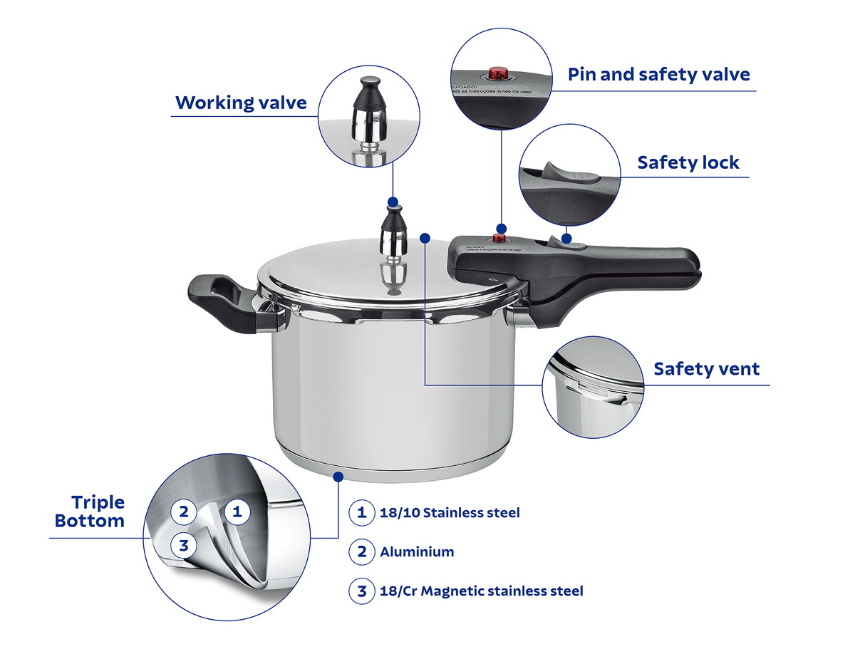 Tramontina Brava Pressure Cooker in Stainless Steel with Triple Bottom 22 cm 6 L