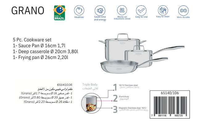 Grano 5-piece stainless steel cookware set with tri-ply body