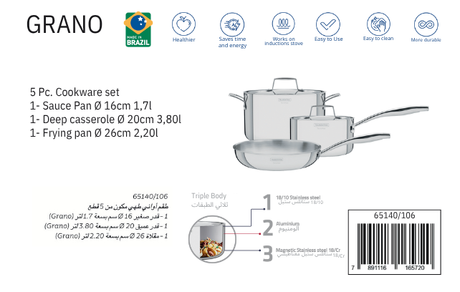Grano 5-piece stainless steel cookware set with tri-ply body