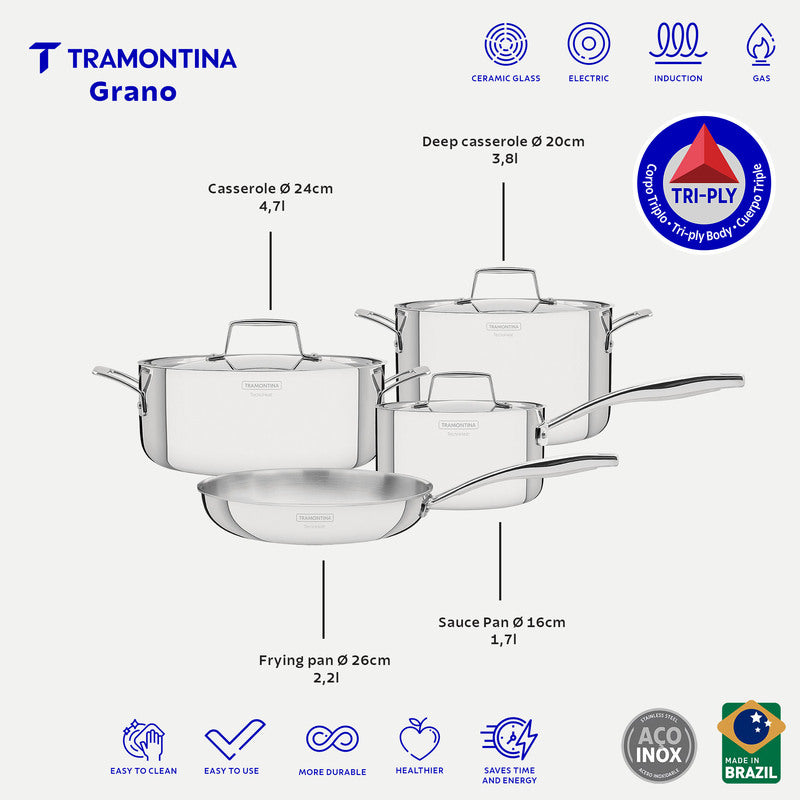 Tramontina Grano 7-piece stainless steel cookware set with tri-ply body