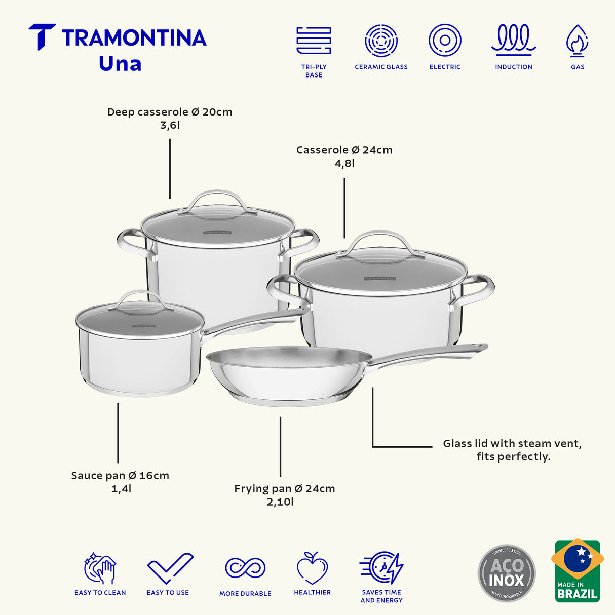 Tramontina Una 7 Pieces Stainless Steel Cookware Set with Tri-ply Bottom