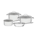Tramontina Una stainless steel cookware set with tri-ply base and glass lids, 4 pc set